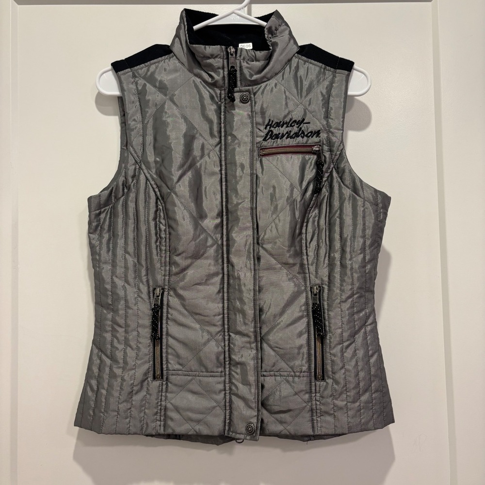 Harley-Davidson Womens Silver Quilted Fleece Lined Biker Vest Small 6/25